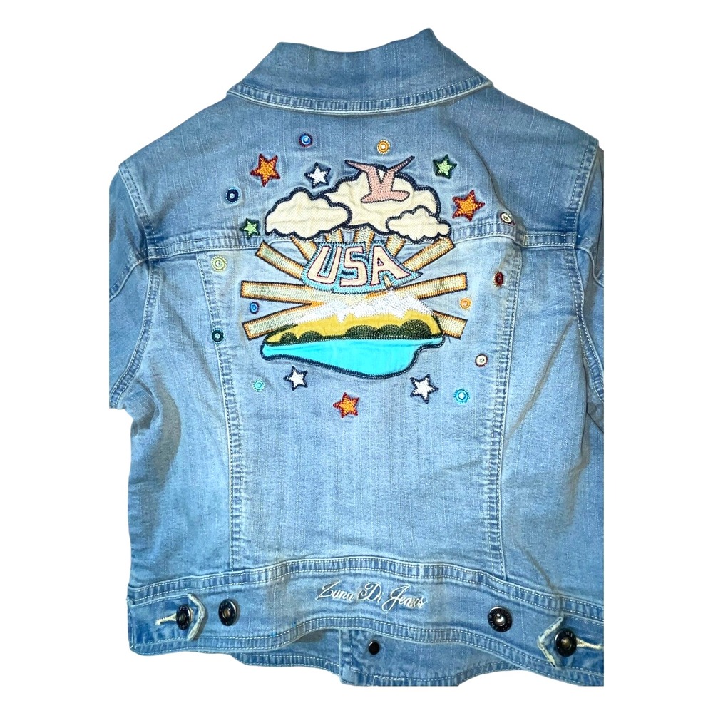 Vtg Y2K Zana Di Denim Jacket Jr Girls M Crop Trucker Embroidery Americana USA